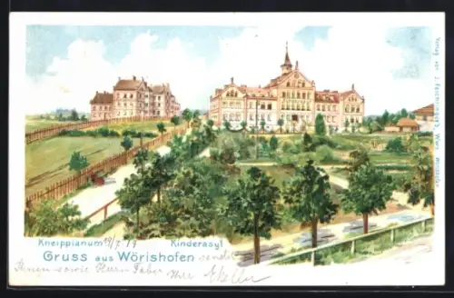 Lithographie Wörishofen, Kneippianum und Kinderasyl mit Anlagen