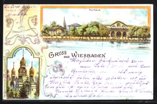 Lithographie Wiesbaden, Kurhaus, Russische Kapelle, Blumenornament
