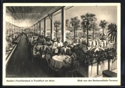 Künstler-AK Frankfurt am Main, Mosler`s Familienbad, Blick von der Restaurationsterrasse