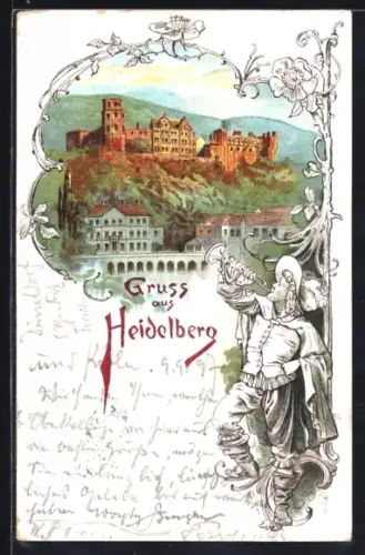 Lithographie Heidelberg, Schloss, Alte Brücke, Ortsansicht, Trompeter
