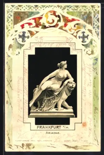 Präge-Lithographie Frankfurt a /M., Ariadne-Skulptur, Ornamente