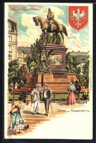 Lithographie Frankfurt a. M., Denkmal Kaiser Wilhelm I., Passanten, Wappen