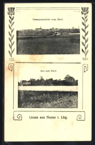 AK Nusse i. Lbg., Gesamtansicht vom Ort, See mit Ort, Ornament-Rahmen