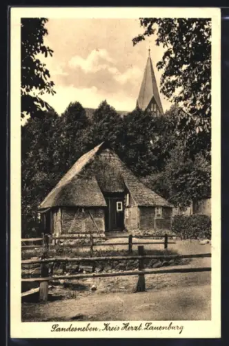 AK Sandesneben /Lauenburg, Altes Fachwerkhaus und Kirche