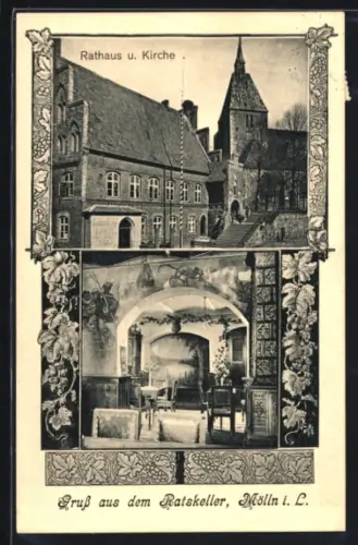 AK Mölln i. L., Rathaus, Kirche, Ratskeller, Ornament-Rahmen
