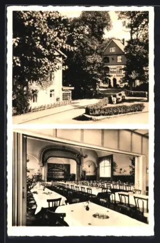 AK Mölln i. L., Kurhotel Waldlust S. Peetz, mit Strasse, Anlage, Saalansicht