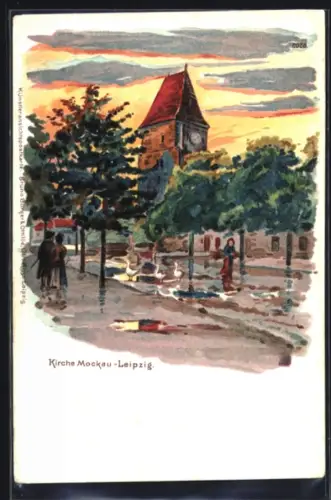 Lithographie Leipzig-Mockau, Kirche mitz Strasse u. Passanten