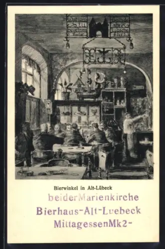 Künstler-AK Lübeck, Gasthof Alt-Lübeck Hans Justin, bei der Marienkirche, Bierwinkel