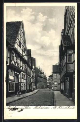 Lithographie Rinteln a. d. Weser, Bäckerstrasse, Alte Fachwerkhäuser