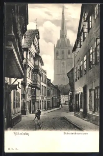 AK Hildesheim, Eckemeckerstrasse mit Kreuzung u. Kirche