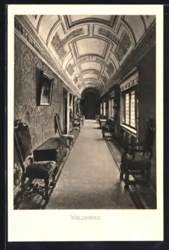 AK Frankfurt-Niederrad, Villa Waldfried, Innenansicht Flur mit Deckentäfelung u. Stühlen