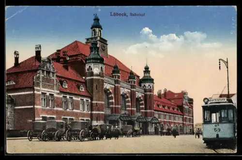 AK Lübeck, Bahnhof, Strassenbahn