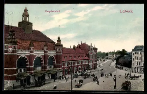 AK Lübeck, Hauptbahnhof mit Strassenbahn