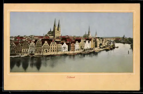 AK Lübeck, Uferpartie mit Kirche