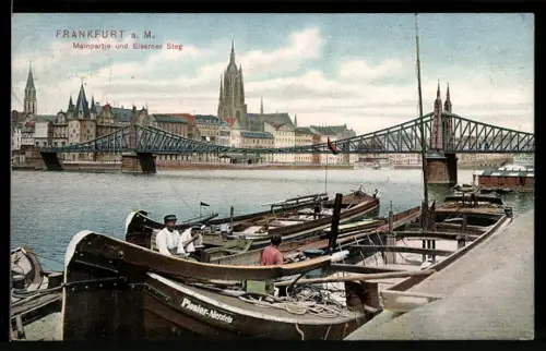 AK Alt-Frankfurt, Mainpartie und Eiserner Steg mit Frachtkähnen