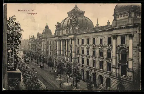 AK Frankfurt a. M., Hauptpost mit Strassenbahn