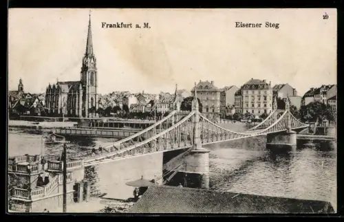 AK Alt-Frankfurt, Uferpartie mit Kirche und Eisernem Steg