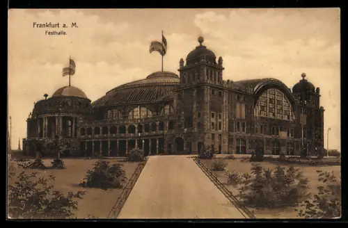AK Frankfurt-Westend, Festhalle von der Anlage aus gesehen