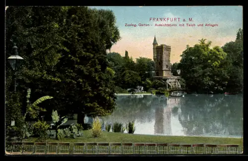 AK Frankfurt-Ostend, Zoologischer Garten, Aussichtsturm mit Teich und Anlagen