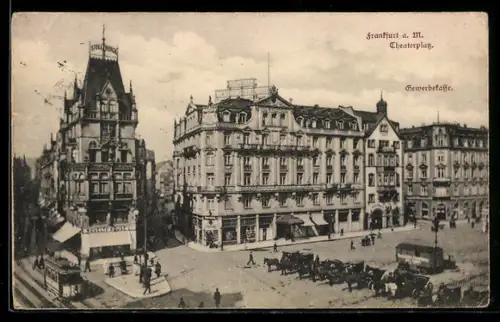 AK Frankfurt a. M., Theaterplatz mit Gewerbekasse und Strassenbahn