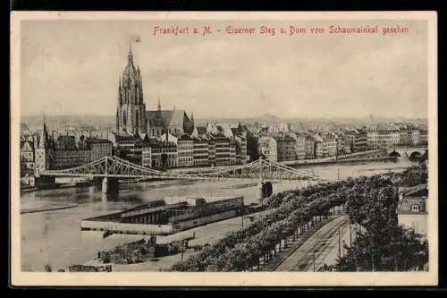AK Frankfurt, Eiserner Steg und Dom vom Schaumainkai gesehen