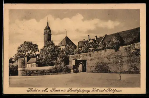 AK Höchst a. M., Partie mit Stadtbefestigung, Zoll und Schlossturm