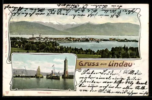 Lithographie Lindau / Bodensee, Stadtansicht, Hafen, Hafeneinfahrt