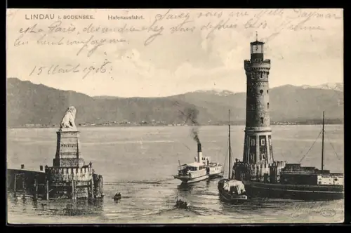 AK Lindau, Hafenausfahrt mit Leuchtturm