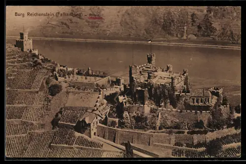 AK Trechtingshausen /Rhein, Burg Reichenstein (Falkenburg), Weinberge, Rhein