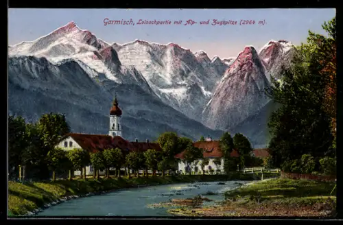 AK Garmisch, Loisachpartie mit Alp- und Zugspitze