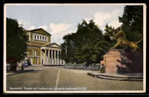 AK Darmstadt, Theater mit Denkmal des Leibgarde-Regiments Nr. 115