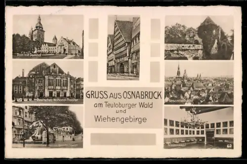 AK Osnabrück, Dom mit Domhof, Deutsches National-Theater, Rathaus, Vitischanze, Gesamtansicht, Friedenssaal