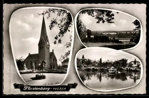AK Fürstenberg /Weser, Kirche, Landschaft, See mit Bootshaus