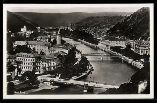 AK Bad Ems, Stadtansicht mit Fluss und Brücken
