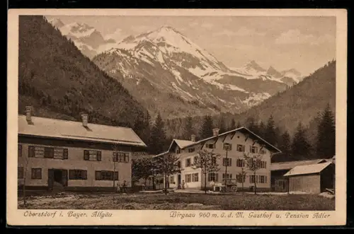 AK Oberstdorf i. Bayer. Allgäu, Birgsau, Gasthof und Pension Adler, Alpenpanorama