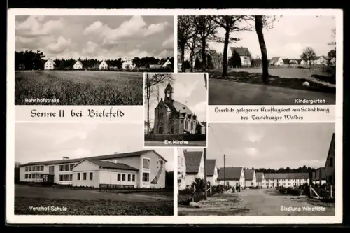 AK Senne II bei Bielefeld, Bahnhofstrasse, Ev. Kirche, Siedlung Windflöte, Venhof-Schule, Kindergarten