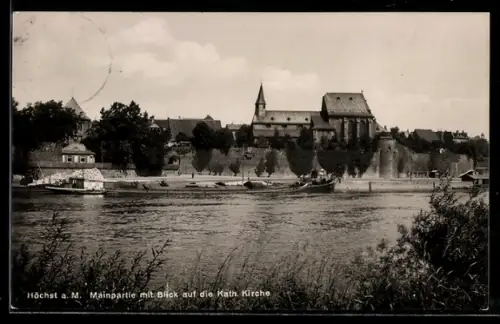 AK Frankfurt-Höchst, Mainpartie mit Blick auf die kath. Kirche
