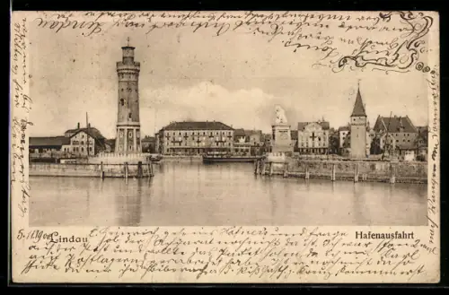 AK Lindau, Hafenausfahrt mit Leuchtturm und Löwendenkmal