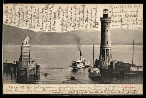 AK Lindau i. B., Hafen-Einfahrt mit Leuchtturm
