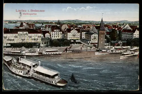 AK Lindau, Hafenansicht, Dampfer