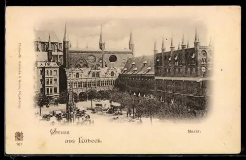 AK Lübeck, Markt mit Kirche und Denkmal