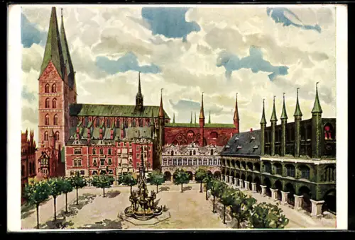 AK Lübeck, Marktplatz mit Rathaus und Marienkirche