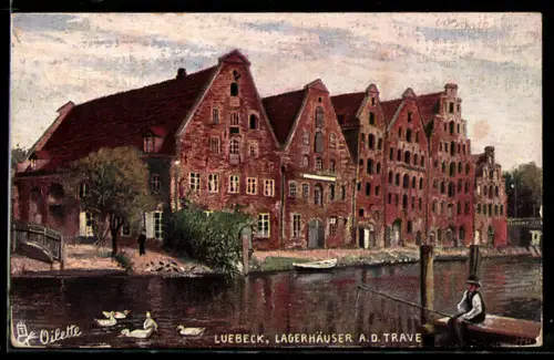 Künstler-AK Lübeck, Lagerhäuser a.d.Trave