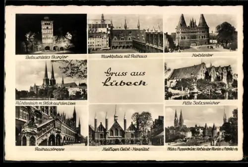 AK Lübeck, Holsten-Tor, Rathaustreppe, Beleuchtetes Burgtor