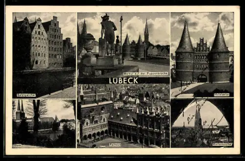 AK Lübeck, Salzspeicher, Holstentor, Rathaus