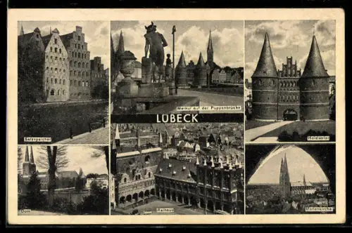AK Lübeck, Salzspeicher, Holstentor, Rathaus