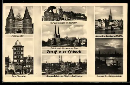 AK Lübeck, Holstentor, Burgtorbrücke und Burgtor, Hafen bei Nacht