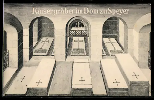 Künstler-AK Speyer, Kaisergräber im Dom, Heinrich IV. gest. 1106, Heinricht III. gest. 1056, Konrad II. gest. 1039