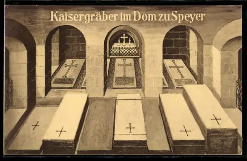 Künstler-AK Speyer, Kaisergräber im Dom, Heinrich IV. gest. 1106, Heinricht III. gest. 1056, Konrad II. gest. 1039