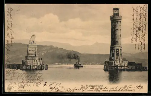 AK Lindau i. B., Hafeneinfahrt mit Leuchtturm
